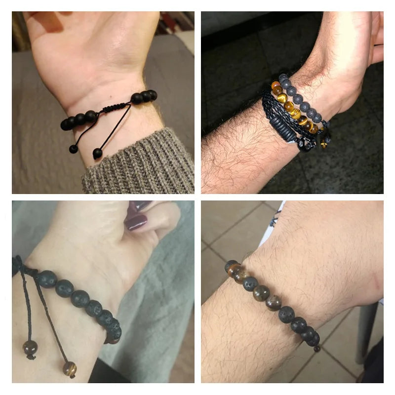 Men Bracelet Tiger Eye Stone Braided Bracelet Black Matte Natural Stone Beads Bracelet Couple Distance Charm Yoga Jewelry Gifts - Madeinsea©