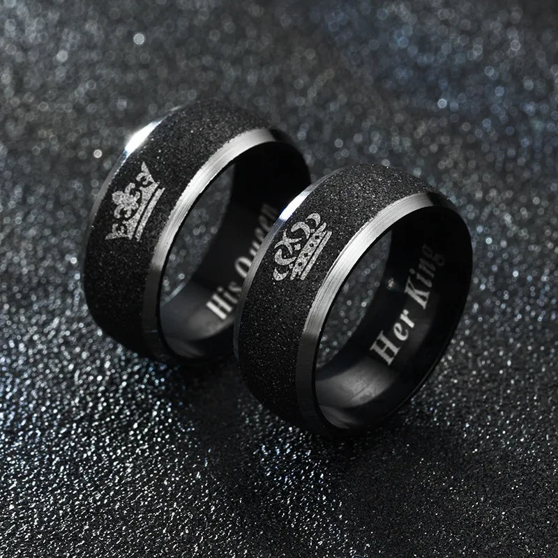 8MM Her King and His Queen Letter Rings For Women Men Crown Black Stainless Steel Matte Couple Ring Lovers Wedding Jewelry