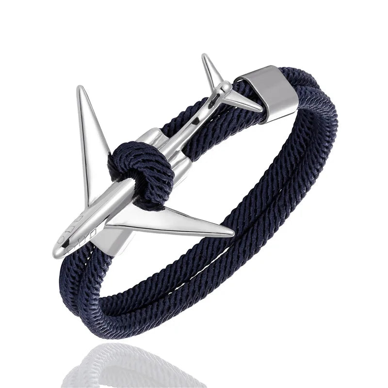 MKENDN Fashion Stainless Steel Airplane Glider Anchor Rope Leather flight Bracelets Men Women aviator Style