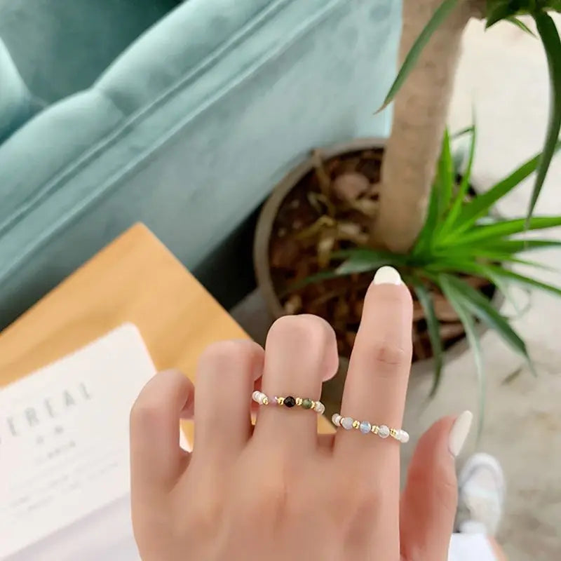 New Retro Crystal Beaded Rings Natural Freshwater Pearl Geometric Ring for Women Korean Minimalist Girl Party Jewelry Gift