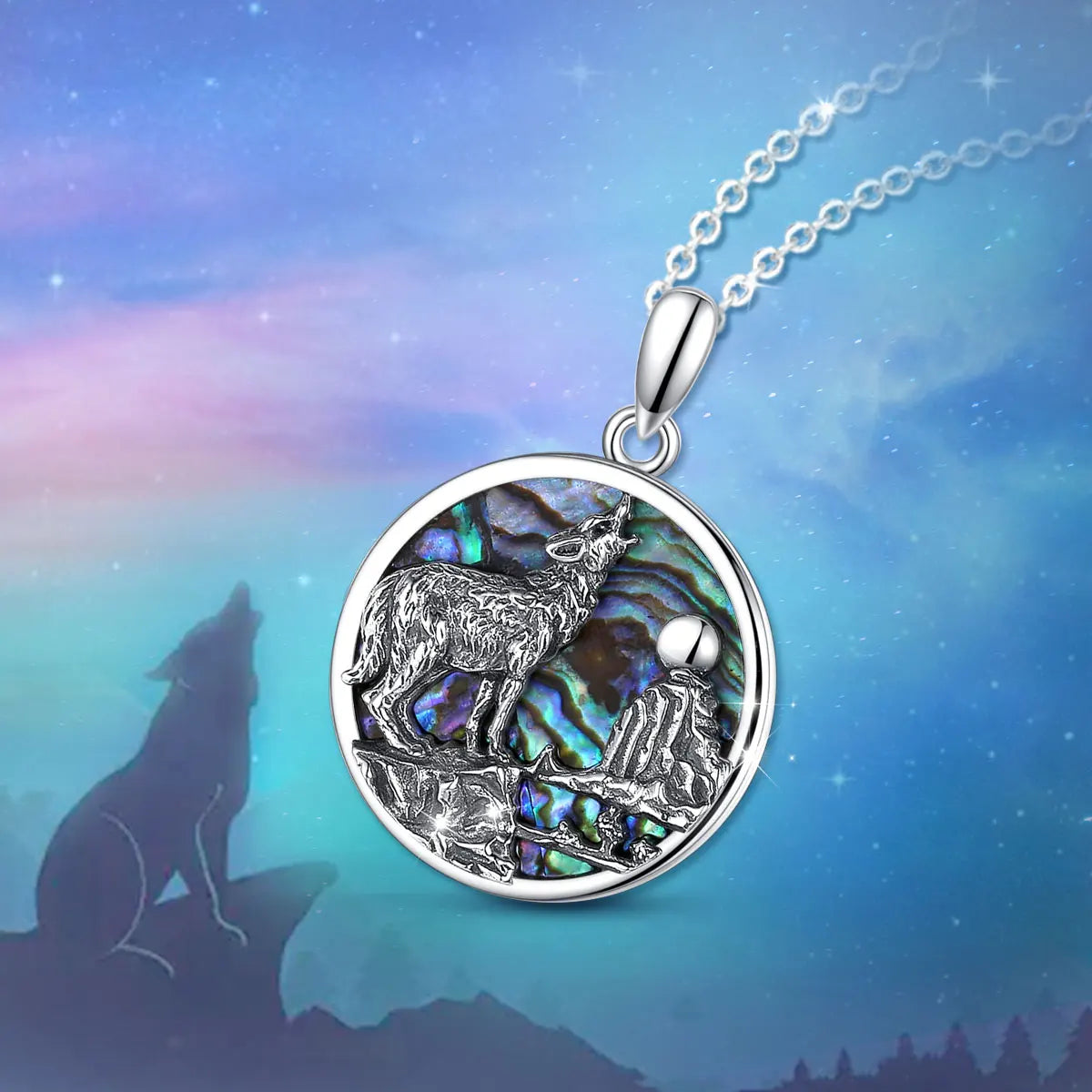 Collier pendentif loup en argent sterling 925 Eudora, coquillage d'ormeau, mère huître, bleu, coloré, fin, bijoux mbd023