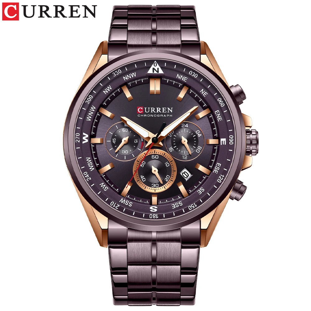 CURREN Luxury Brand Watches for Men Casual Sporty Quartz Wristwatch with 316 Stainless Steel Band Chronograph Clock Male Silver