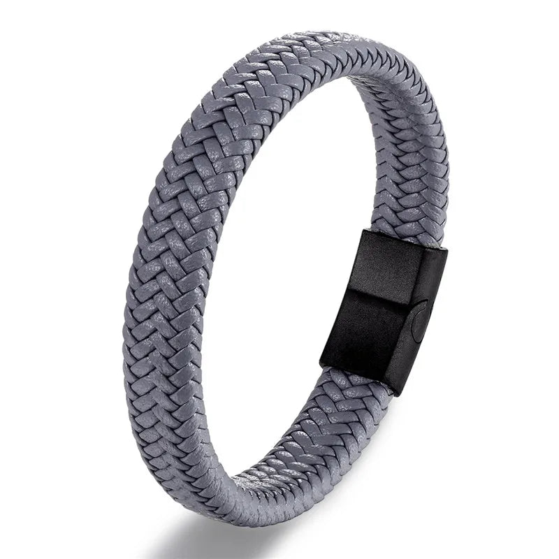 MKENDN Punk Style Leather Bracelet for Men Black Braided Woven Bangle with Magnetic Clasp Stainless Steel Jewelry Gift for Him