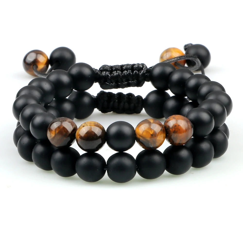2Pcs Adjustable Braided Natural Stone Beads Bracelets&Bangles For Couples Women Men Tiger Eye Lava Bracelet Yoga Jewelry Pulsera