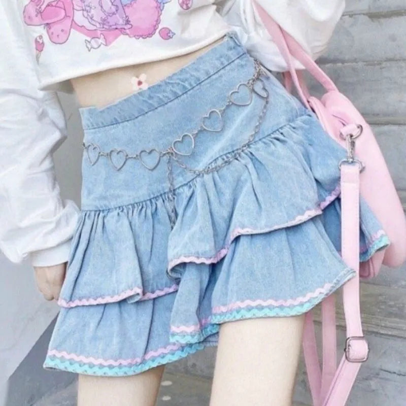 Sweet Lolita Style Mini Skirts Women Harajuku Cute Preppy Style Jk Denim Skirt Japanese Girls Sexy Punk High Waist Tiered Skirt