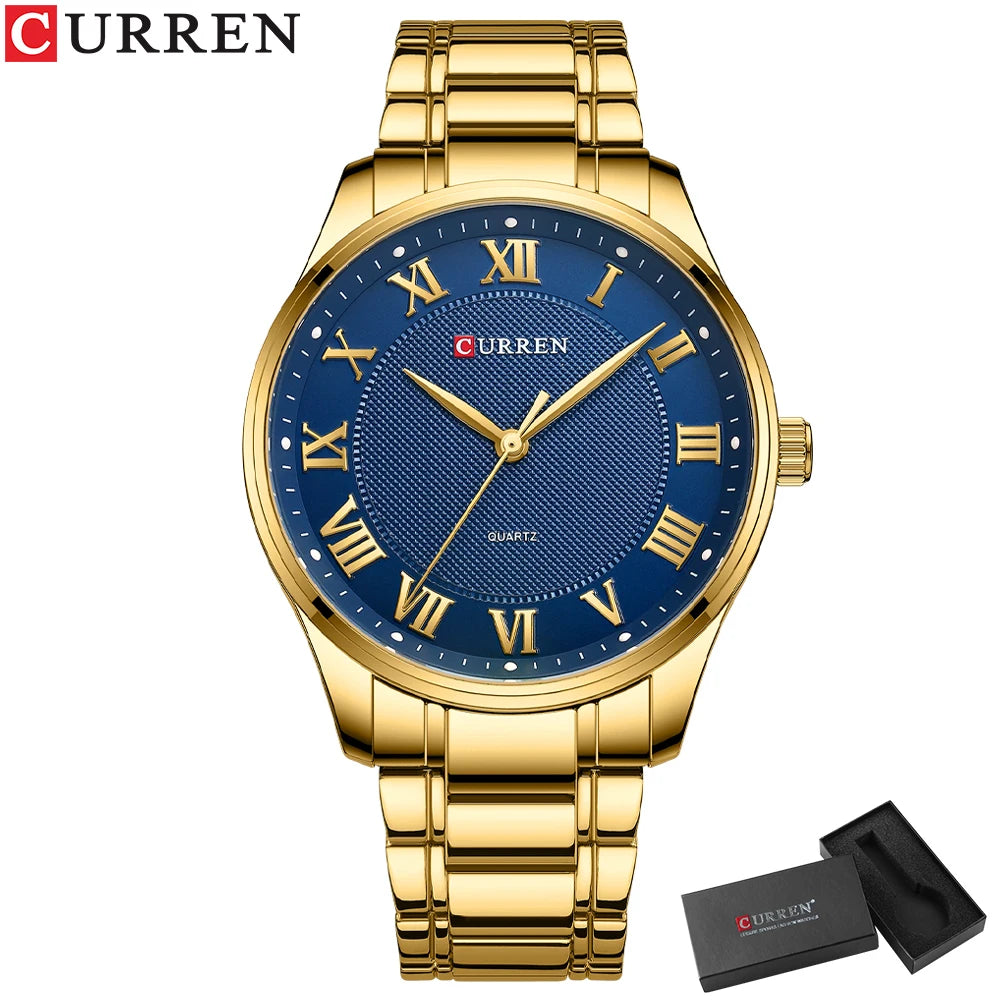 Montre CURREN New Simple Business pour homme avec bracelet en acier inoxydable, mouvement à quartz, couleur or et noir.