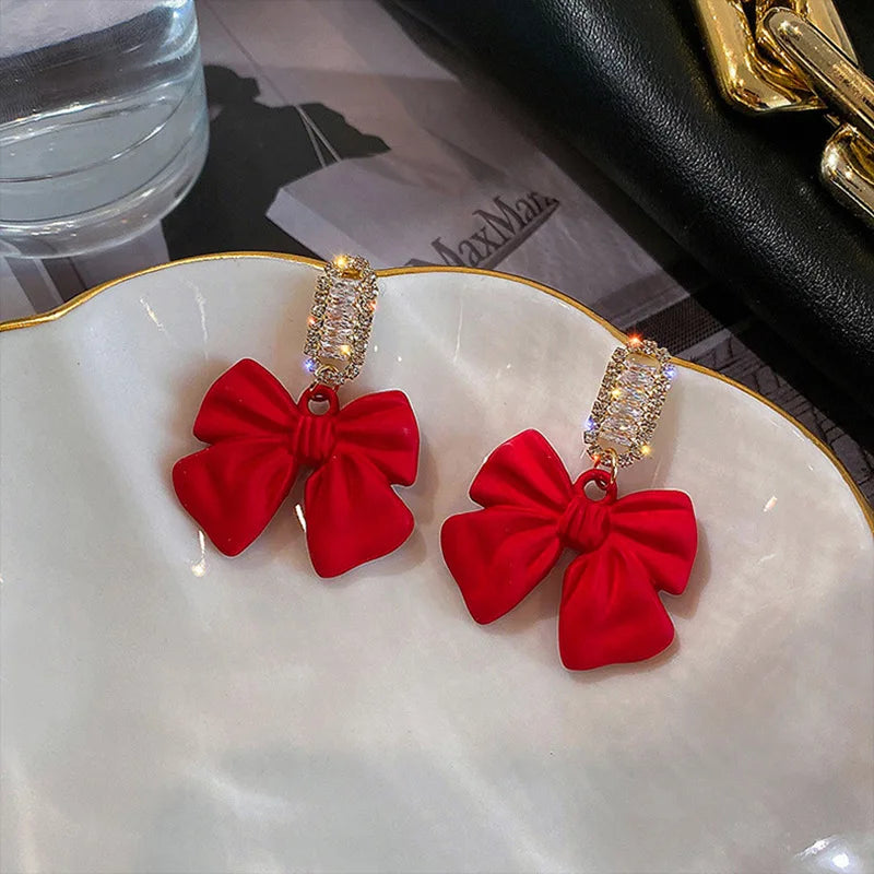 Christmas Red Zircon Crystal Bow Stud Earrings For Women Heart Shape Bowknot Christmas Earring Girl New Year Festival Jewelry