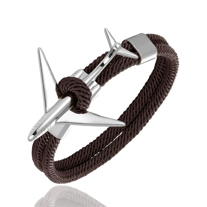 MKENDN Fashion Stainless Steel Airplane Glider Anchor Rope Leather flight Bracelets Men Women aviator Style