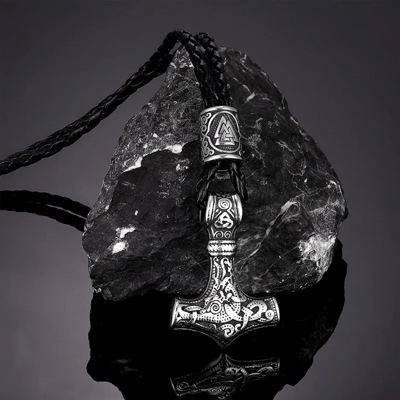 MKENDN Stainless Steel Norse Vikings Thor's Hammer Mjolnir Scandinavian Rune Amulet Pendant Necklace with Chain As Men Punk Gift