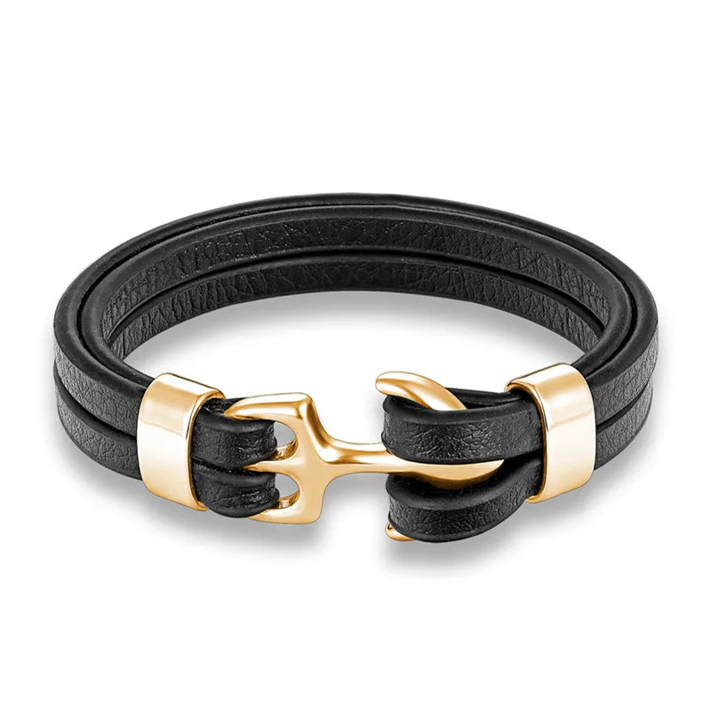 YIZIZAI Genuine Leather Anchor Bracelet Men Lion Double Wolf Shackles Stainless Steel Charm Bracelets Wristband Fashion Jewelry - Madeinsea©