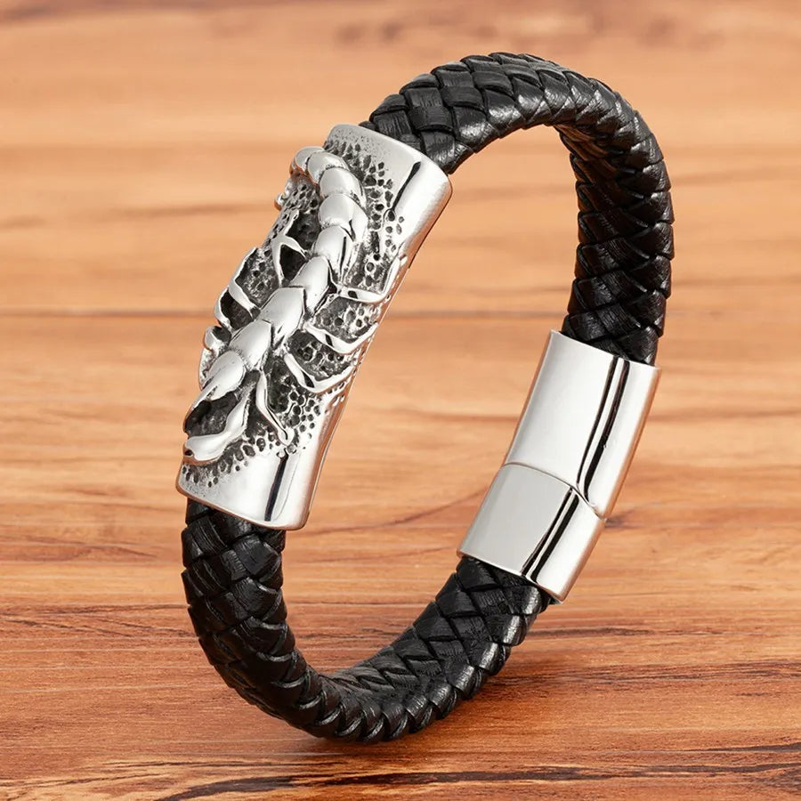 Bracelets et joncs en cuir pour hommes TYO Cool Style, motif crâne, hibou, scorpion et serpent, tressés en acier inoxydable, parfaits pour Halloween