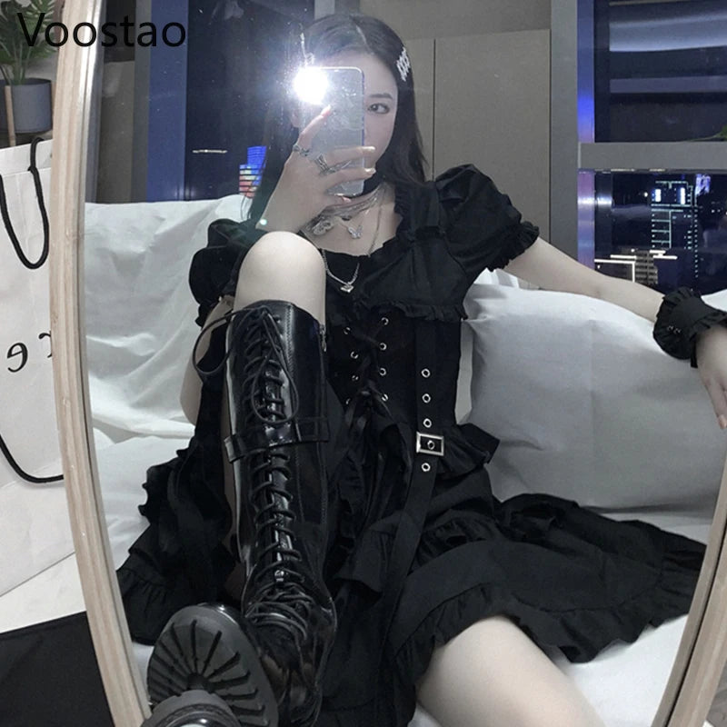 Gothic Lolita Style Dress Summer Women Chic Puff Sleeve Bandage Party Punk Mini Dresses Cool Girls Black Ruffles Tiered Dress