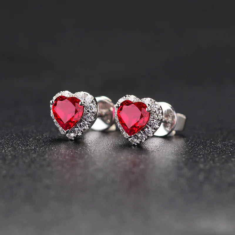 925 Sterling Silver Love Heart Earring Luxury Female ruby red  stone Stud Earrings For Women Wedding Party birthday gift