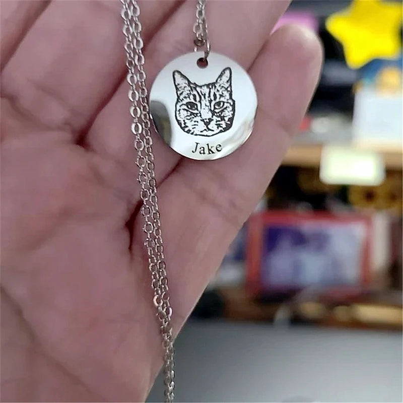 Personalized Pet Photo Disc Necklace For Women Tiny Cat dog Name Pendant Necklaces Custom Animal 316L Stainless Steel Jewelry - Madeinsea©