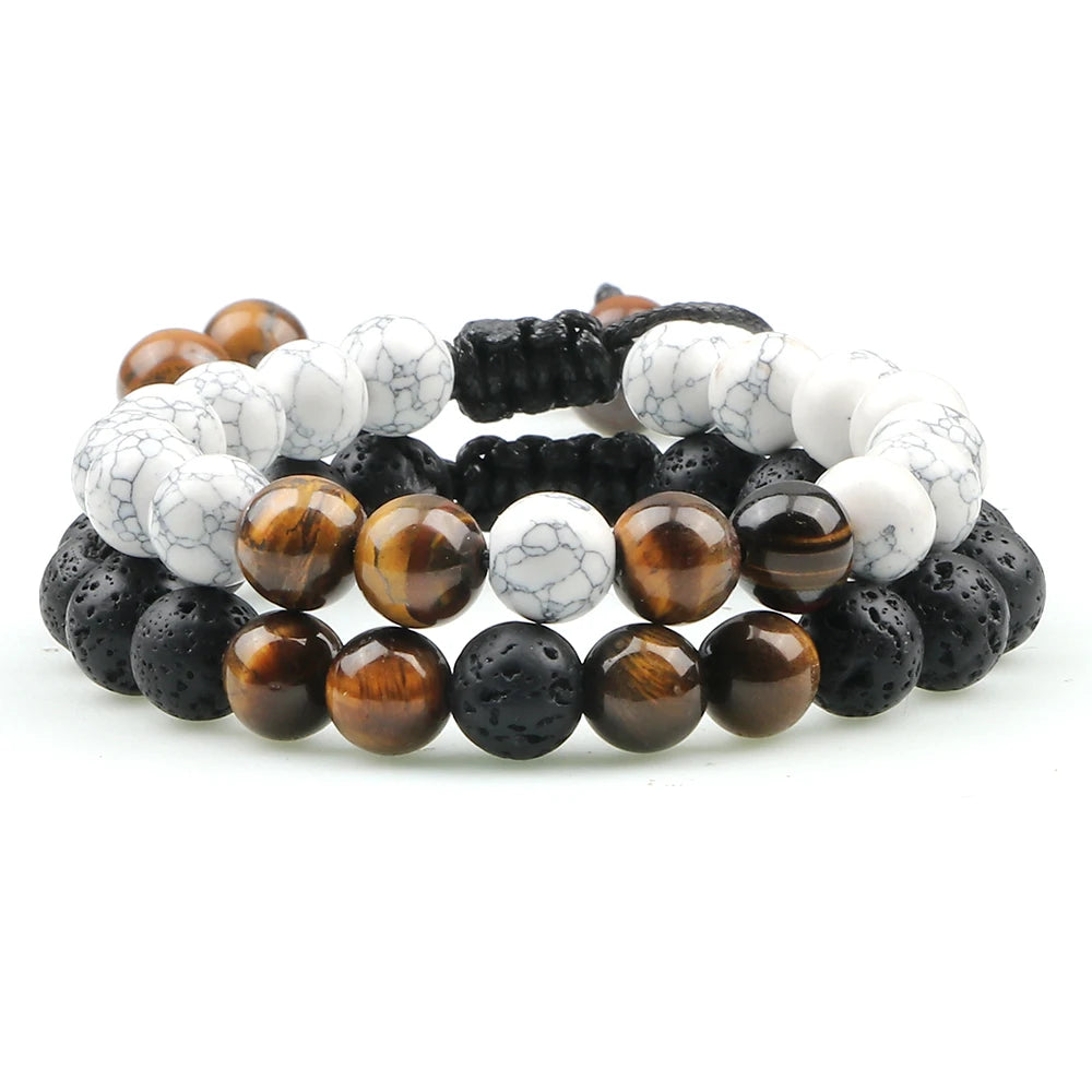 2Pcs Adjustable Braided Natural Stone Beads Bracelets&Bangles For Couples Women Men Tiger Eye Lava Bracelet Yoga Jewelry Pulsera
