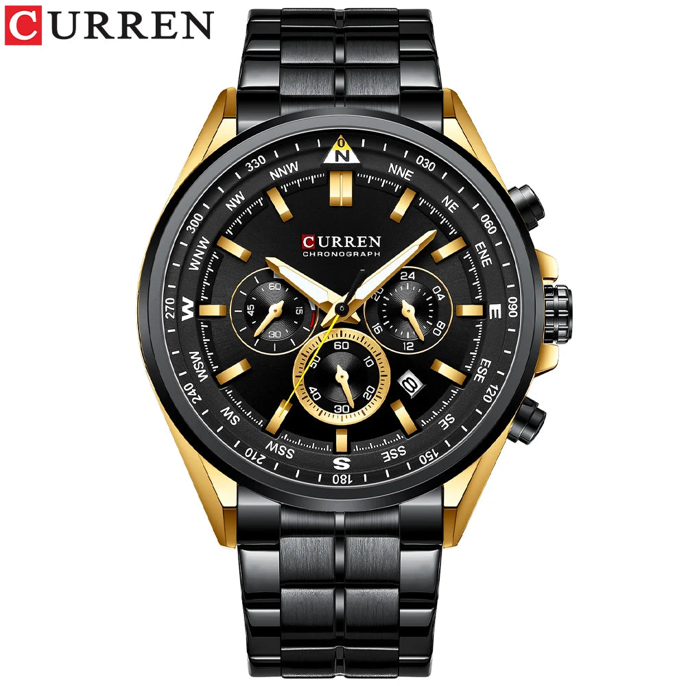 CURREN Luxury Brand Watches for Men Casual Sporty Quartz Wristwatch with 316 Stainless Steel Band Chronograph Clock Male Silver