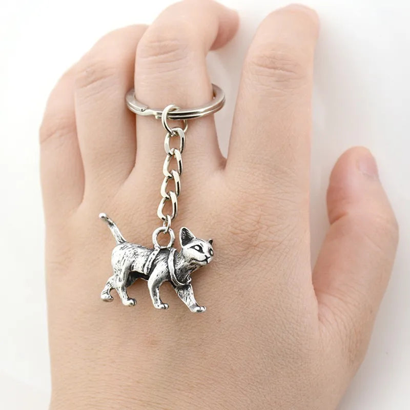 Retro Cat Keychain Vintage Silver Plated Pet Animal Key Chain Keyring Bag Charm Women Child Pet Lover Jewelry Accesorios Mujer