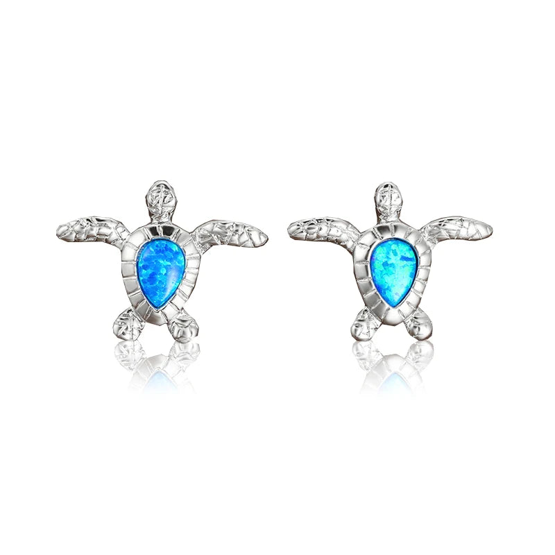 Boho Cute Sea Turtle Stud Earrings For Women Fashion Imitation Blue Fire Opal Earrings For Women Wedding Band Jewelry Gifts