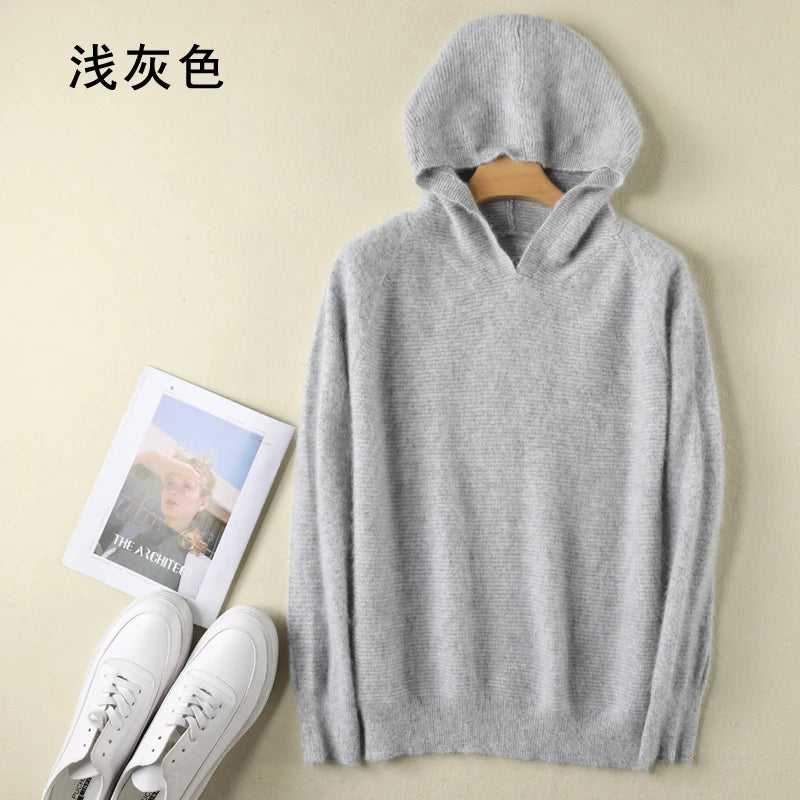 2025 Spring Winter 100%Pure Mink Cashmere Sweater Women Knitted Hooded Warm Lady's Grade Up Jumpers and Pullovers Soft Warm Tops