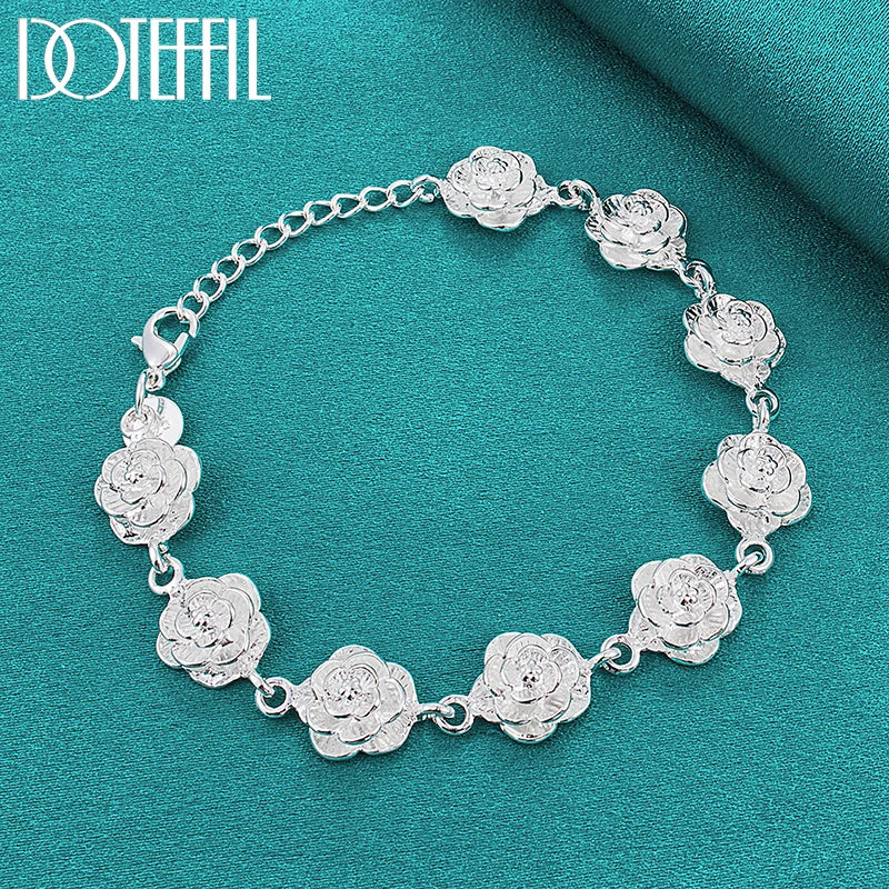 DOTEFFIL 925 Sterling Silver Full Rose Flower Chain Bracelet For Women Wedding Engagement Party Fashion Charm Jewelry - Madeinsea©