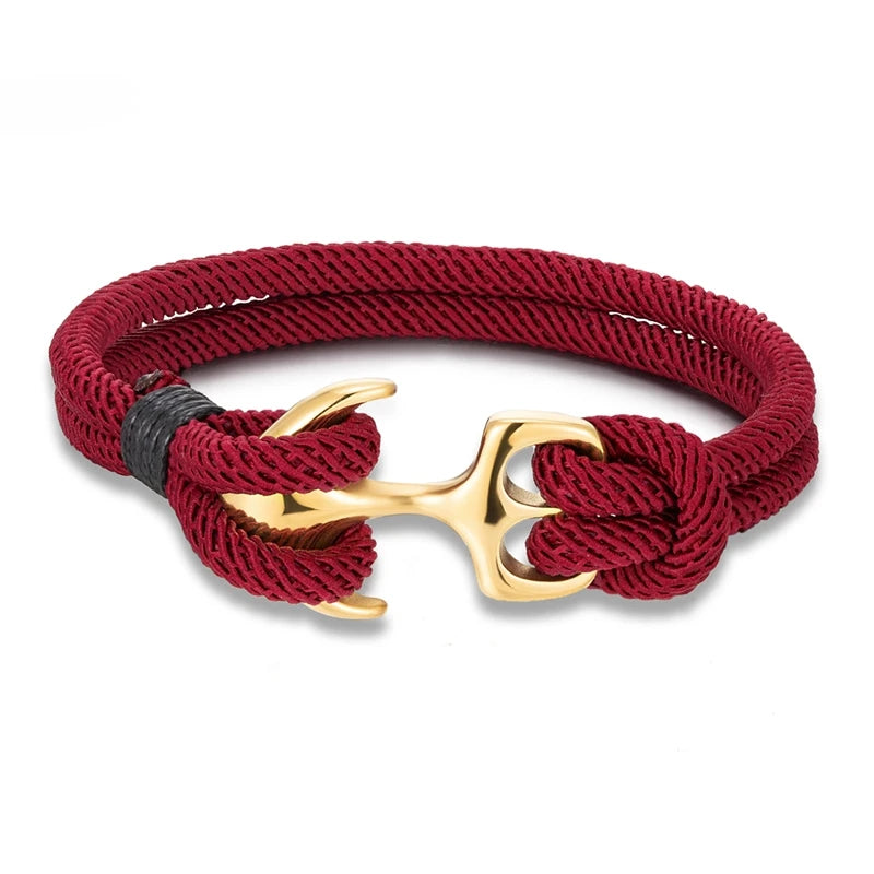 MKENDN 18K Plated Anchor Bracelets Men Double strand Nautical Survival Rope Paracord Bracelet Women Stainless Steel Sport Buckle