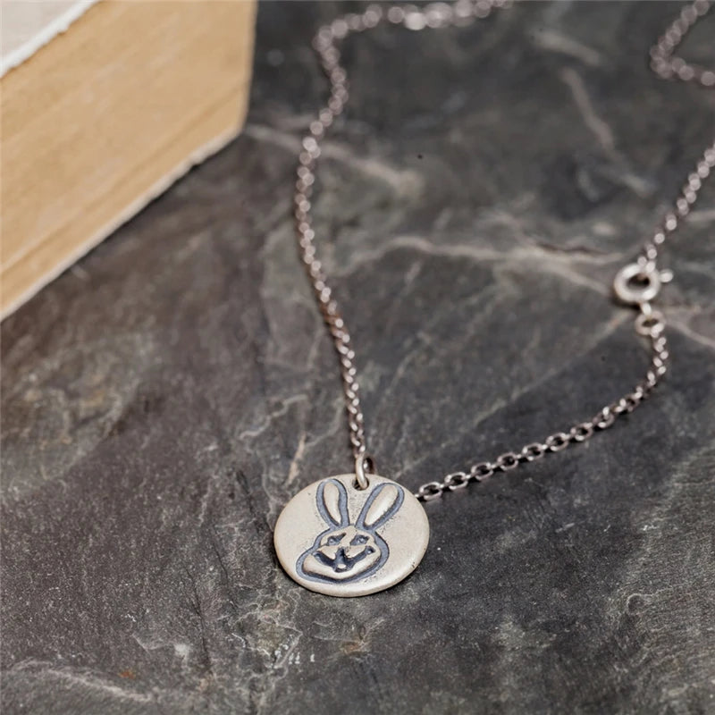 MKENDN 100% 925 Sterling Silver Smiling Bunny Coin Pendant Necklace For Men Women Punk Street Neo-Gothic Style