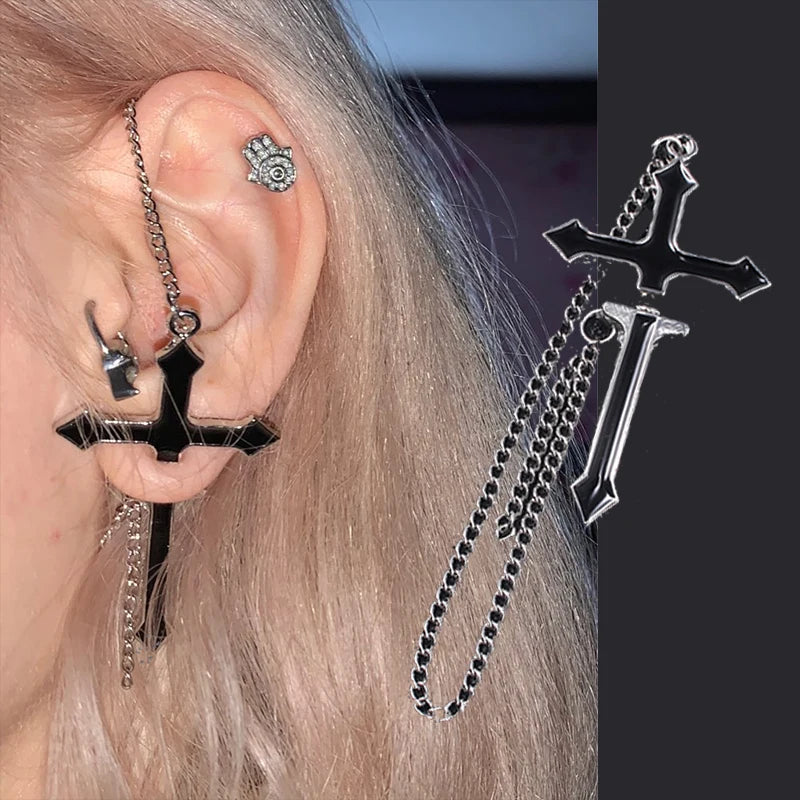2Pcs Vintage Black Cross Earrings Punk Goth Long Chain Harajuku Streetwear Unisex Stud Earrings For Women Men Korean Jewelry
