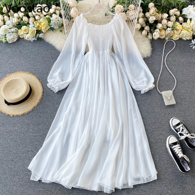 Seaside Holiday Party Dress Women Elegant White Fairy Chiffon Long Dresses Ladies Sweet Slash Neck Off Shoulder Boho Maxi Dress