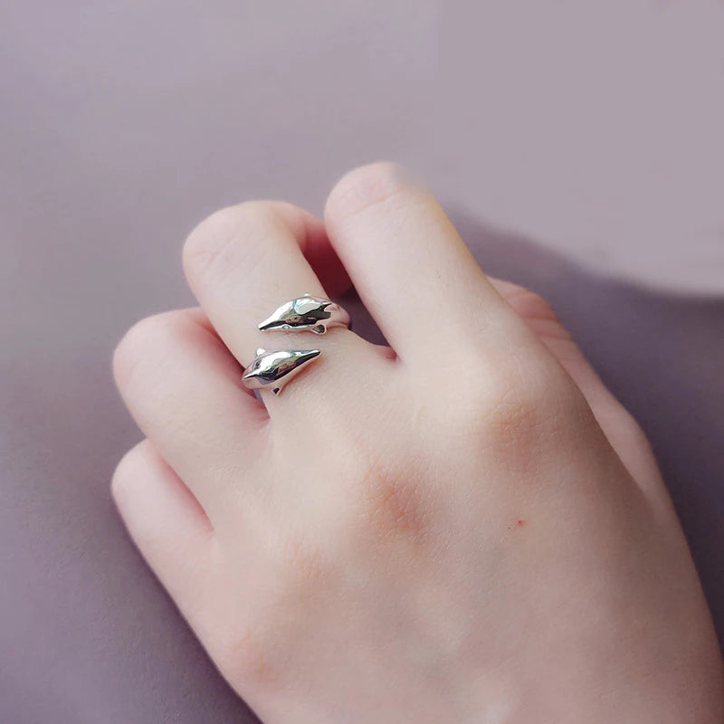 Smooth Surface Cute Animal Dolphin Adjustable Ring Silver Color Animal Ring for Women Cute Jewelry Party Bijoux Accessories Gift