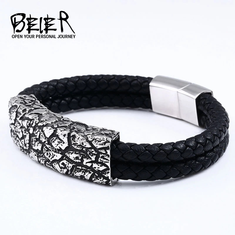Bracelet homme en cuir motif pierre fine en acier inoxydable 316L BEIER bijoux de haute qualité pour soirée rock