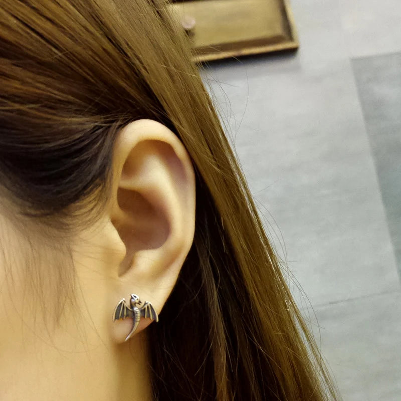 MKENDN Punk 925 Sterling Silver Jewelry Fashion Cute Small Pterodactyl Dinosaur Stud Earrings Gift For Cool Girls Lady