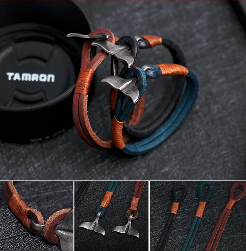 MKENDN Vintage Whale Tail Leahter Bracelet Men Women Fashion Beach Jewelry Summer Punk Style