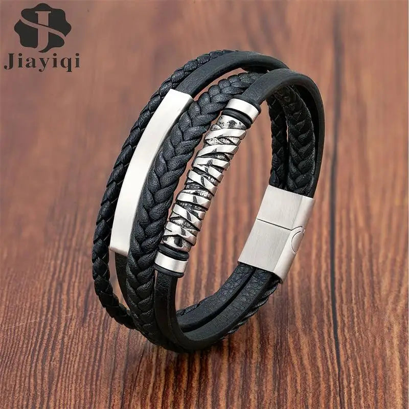 Multilayer Stainless Steel Insert Bracelet Viking Leather Bracelets for Men Braided Bangles Punk Jewelry Homme Accessories - Madeinsea©