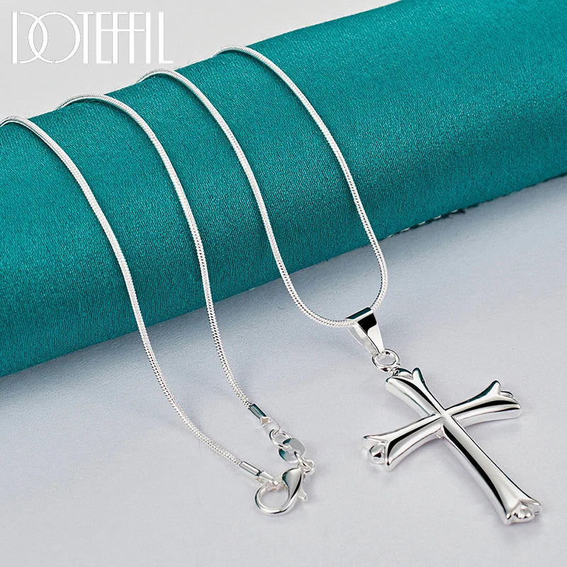 DOTEFFIL 925 Sterling Silver 16-30 Inch Snake Chain Cross Pendant Necklace For Women Man Fashion Wedding Party Charm Jewelry