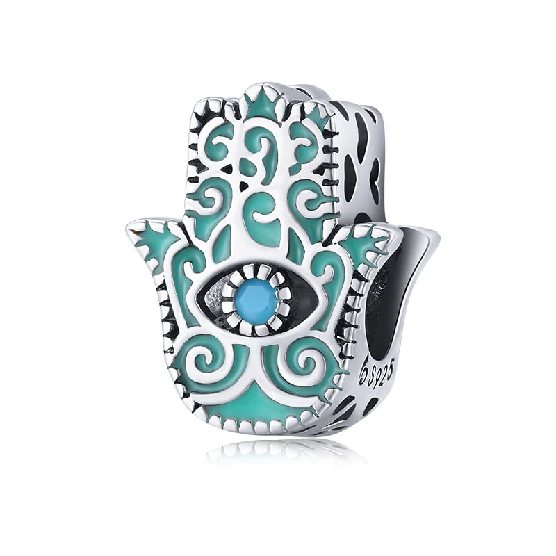 BAMOER 925 Sterling Silver Hand of Fatima Pendant Hamsa Hand Green Guard Hand Charm fit Original Bracelet Women DIY Fine Jewelry