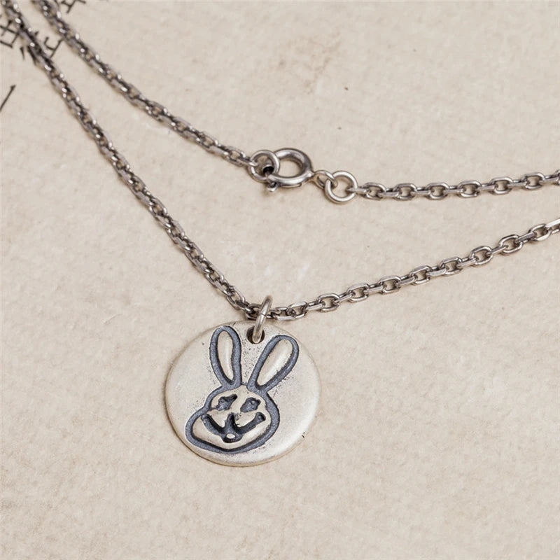 MKENDN 100% 925 Sterling Silver Smiling Bunny Coin Pendant Necklace For Men Women Punk Street Neo-Gothic Style