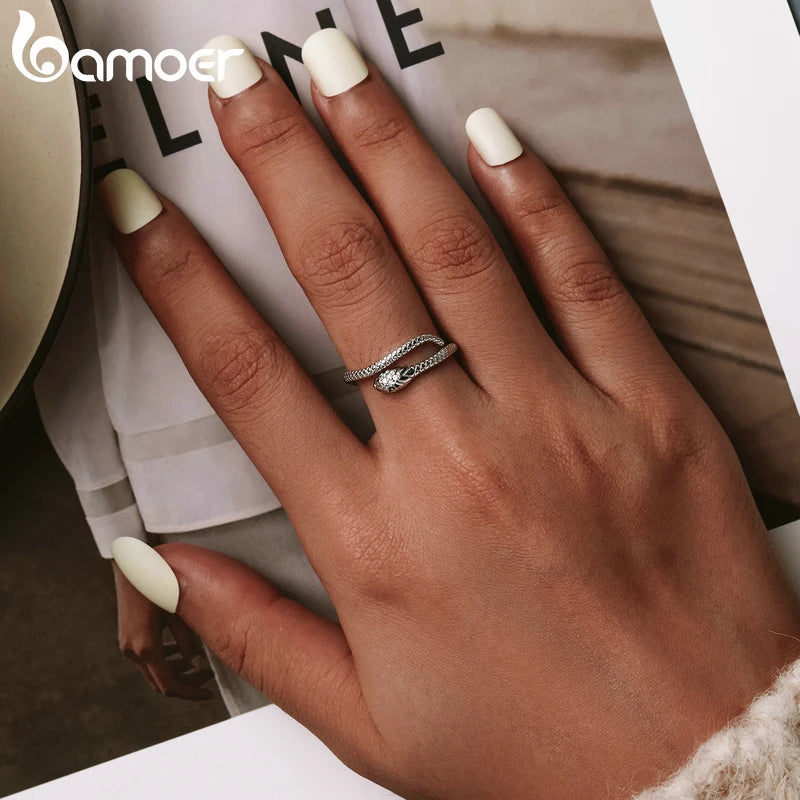 BAMOER 925 Sterling Silber Platinierter verstellbarer Ring, grüner Zirkon Retro Texturen Schlangenring Modeschmuck 4 Farben