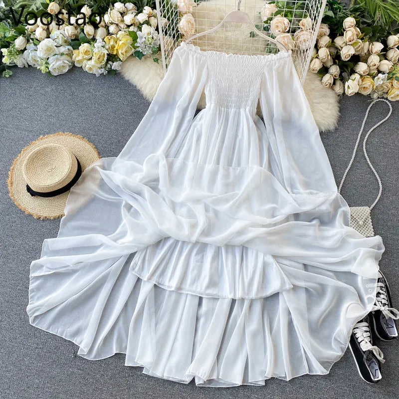 Seaside Holiday Party Dress Women Elegant White Fairy Chiffon Long Dresses Ladies Sweet Slash Neck Off Shoulder Boho Maxi Dress