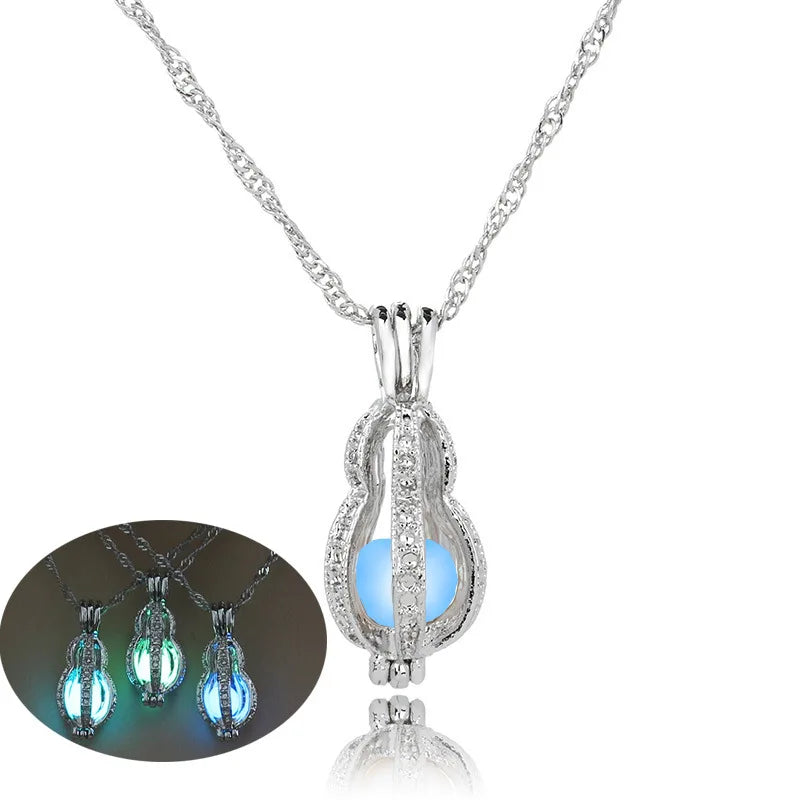 Glow in The Dark Locket necklace For Women Gun skull Heart mermaid Cross tortoise Glowing beads cage pendant Fashion Jewelry