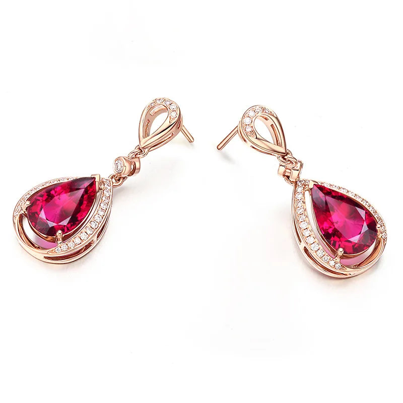 18k Rose Gold Jewelry with Ruby Red Gemstones Water Drop Shaped Earrings for Women Ruby Female Ear Drops Anniversary Cute Gifts