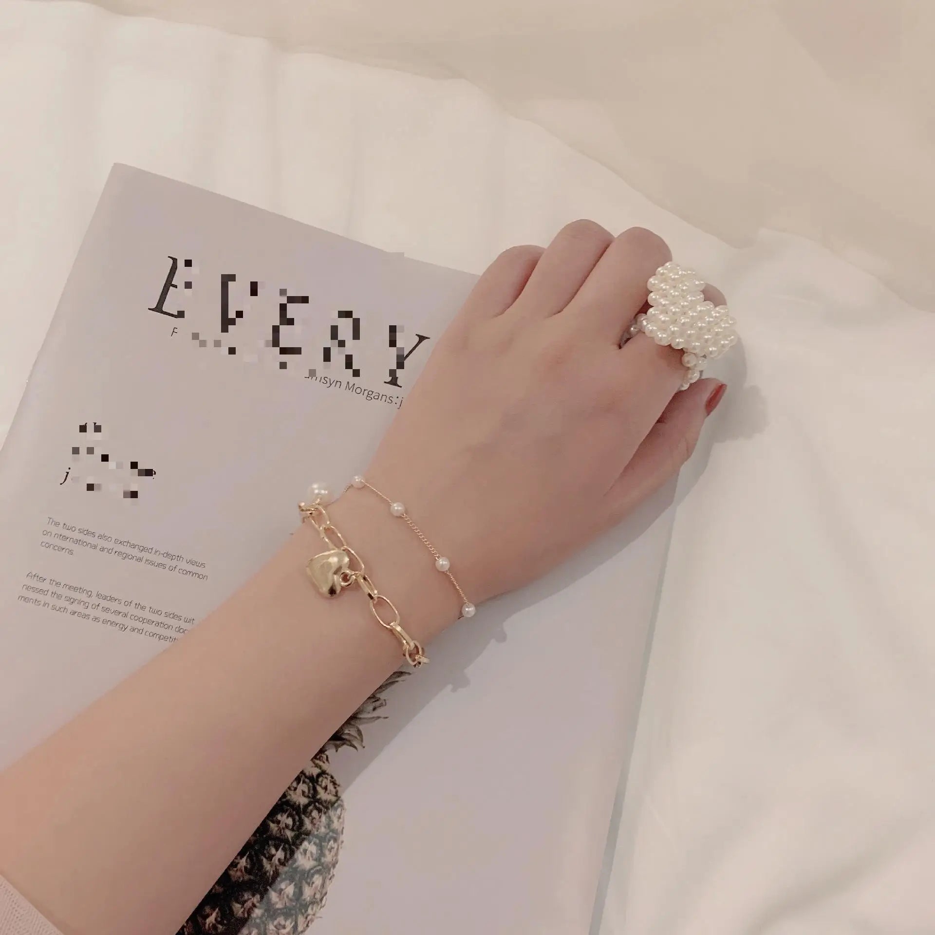 Fashion Chain Love Pearl Double Bracelet Temperament Peach Heart Pendant Bracelet Female College Student Jewelry Pulsera
