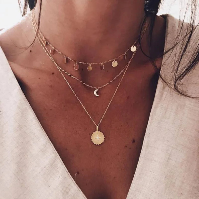 Bohemian Multi layered Necklaces For Women Moon Cross Tree Star Pendant chains Statement Choker 2020 Boho Fashion Jewelry