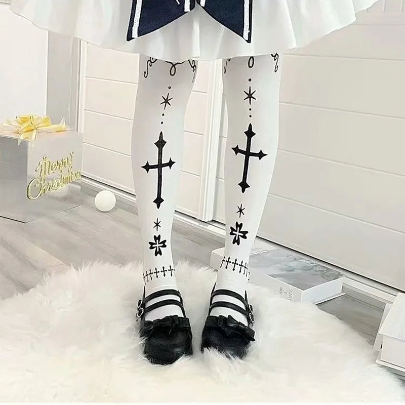 Japanese Gothic Lolita Stockings Girls Sweet Harajuku Cute Bear Rabbit Print Velvet Tights Fashion Female White Kawaii Stockings
