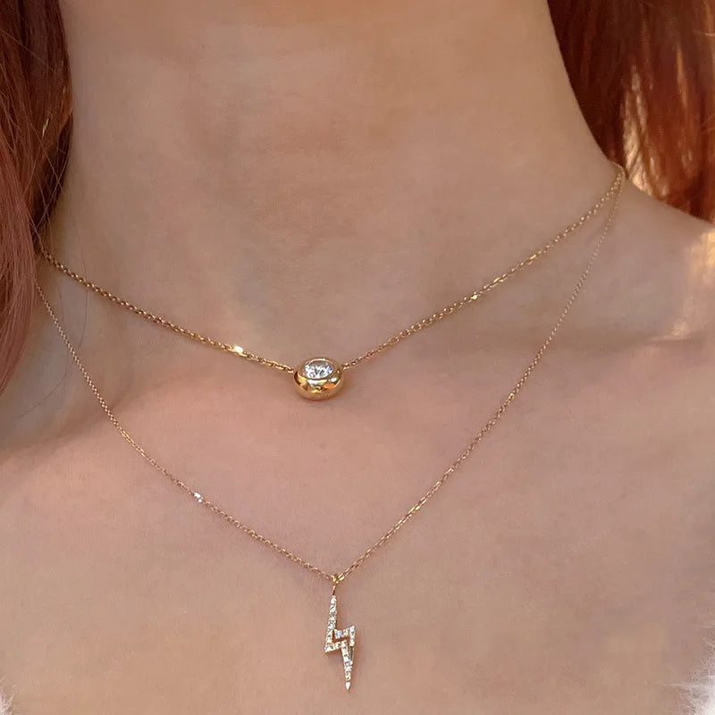 925 Sterling Silver Shiny Zircon Lightning Pendant Necklace for Women Korea 14K Gold Plated Temperament Jewelry Gift