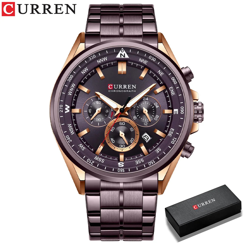 CURREN Luxury Brand Watches for Men Casual Sporty Quartz Wristwatch with 316 Stainless Steel Band Chronograph Clock Male Silver