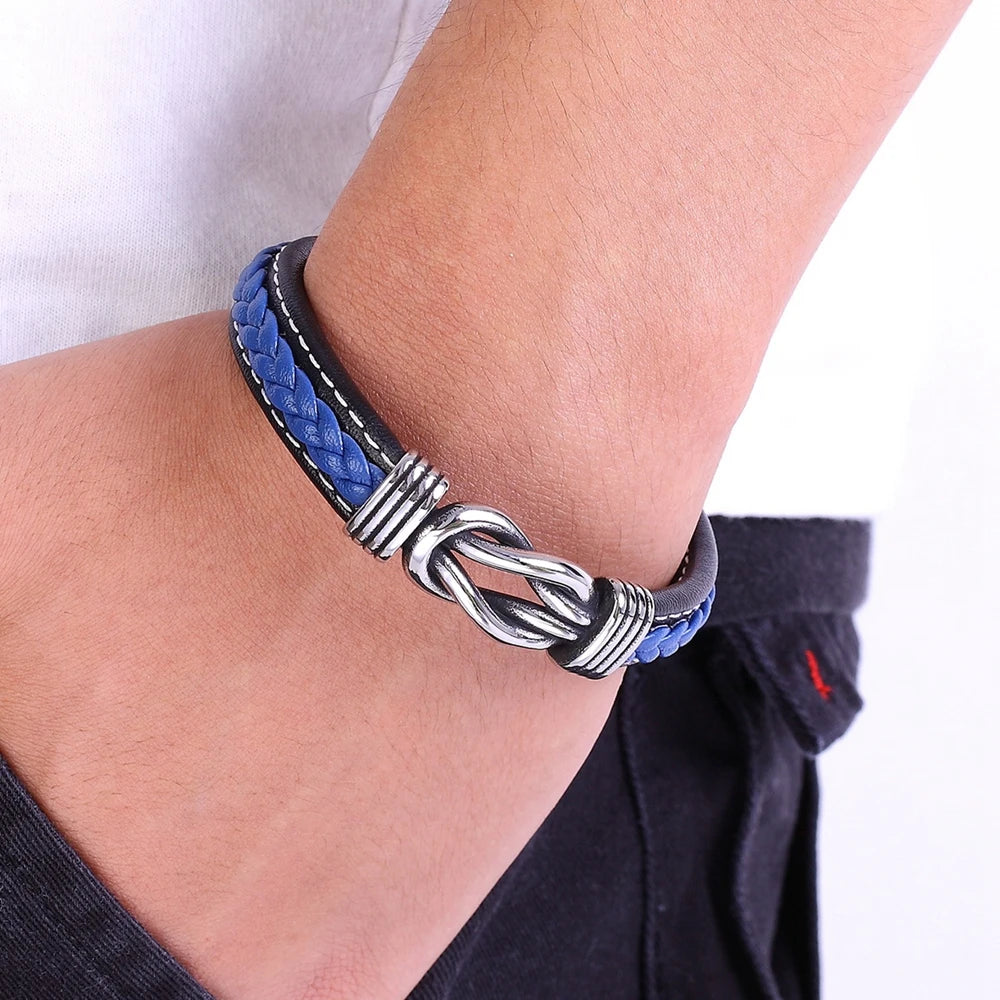 TYO Geometric Stainless Steel Men's Leather Bracelet Hand-woven Magnetic Clasp Black Blue Leather Bangle Christmas Jewelry Gift - Madeinsea©