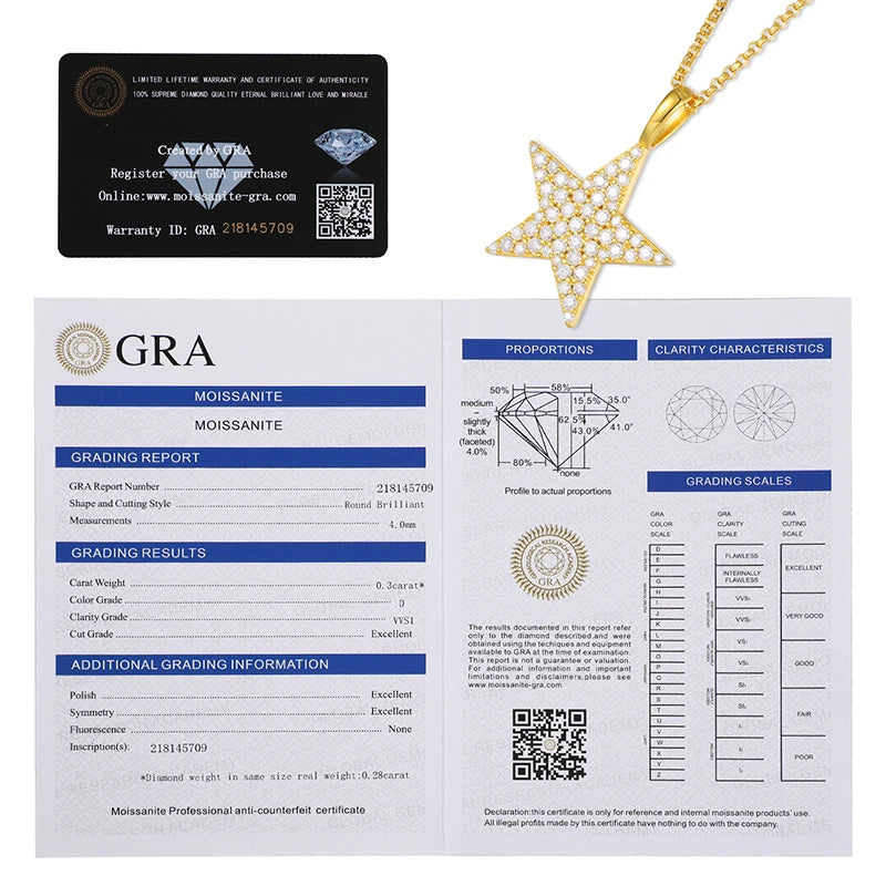 Top Quality Unisex Moissanite Star Pendant Necklace 925 Fashion For Women Hip Hop Jewelry