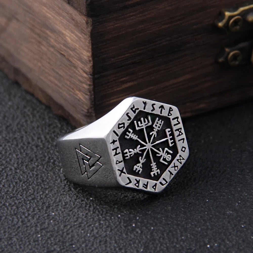 Stainless Steel Viking Compass Runic Ring