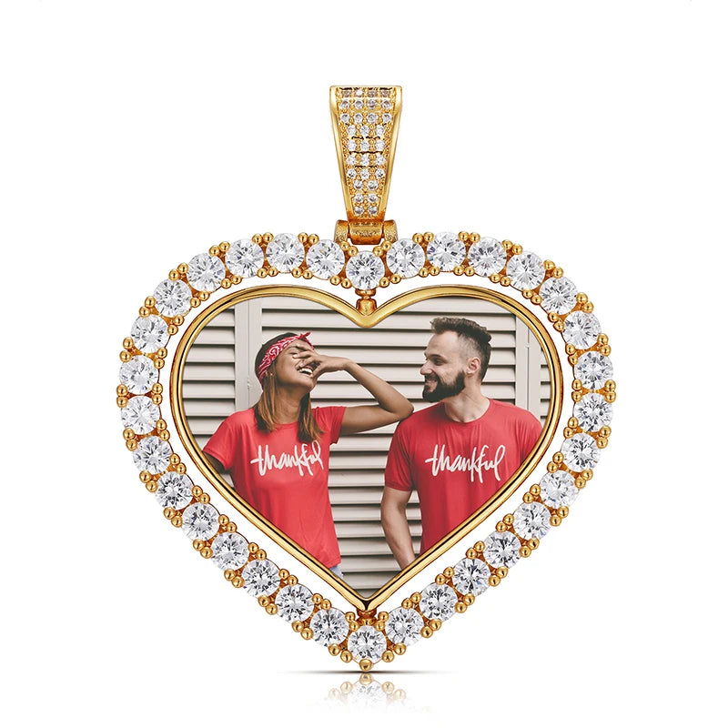 Pendentif en cuivre et zircon cubique sur mesure, médaillon souvenir, pendentif cœur photo double face, collier pour homme, bijou hip-hop