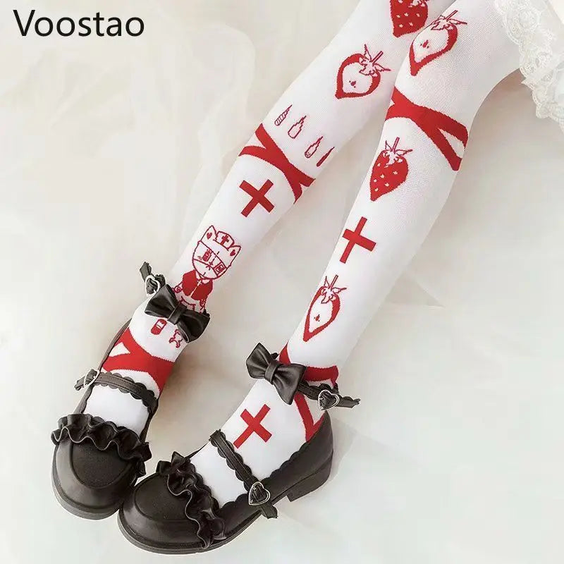 Japanese Gothic Lolita Stockings Girls Sweet Harajuku Cute Bear Rabbit Print Velvet Tights Fashion Female White Kawaii Stockings